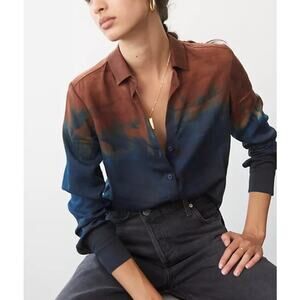 Cloth & Stone Watercolor Tie-Dye Long Sleeve Button-Down Shirt Blue Brown Small
